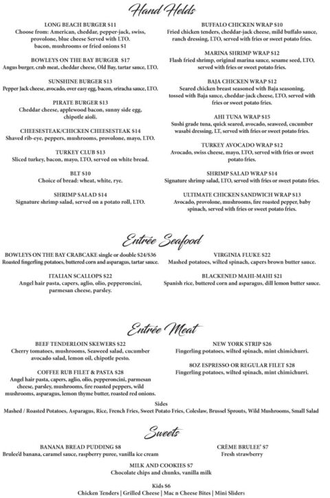 Menu | Bowleys On The Bay