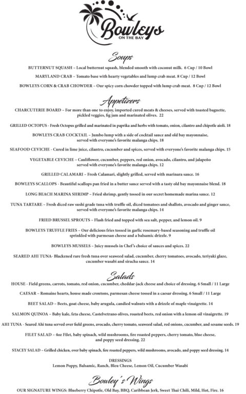 Menu | Bowleys On The Bay