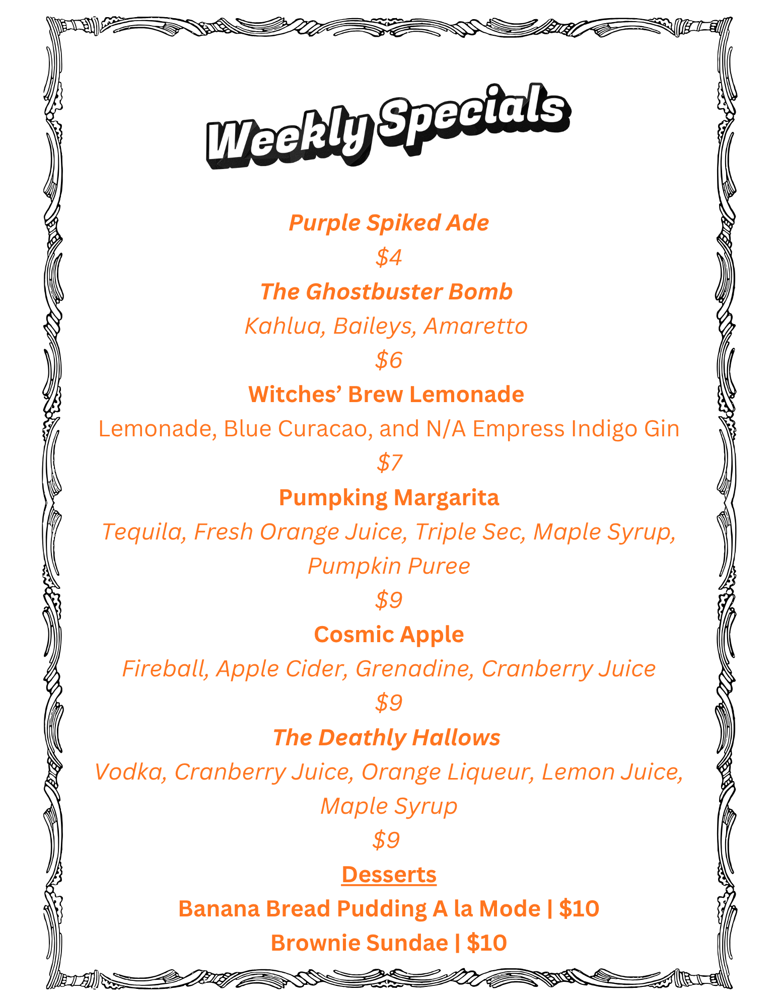 oct 9 weekly drink specials drinks